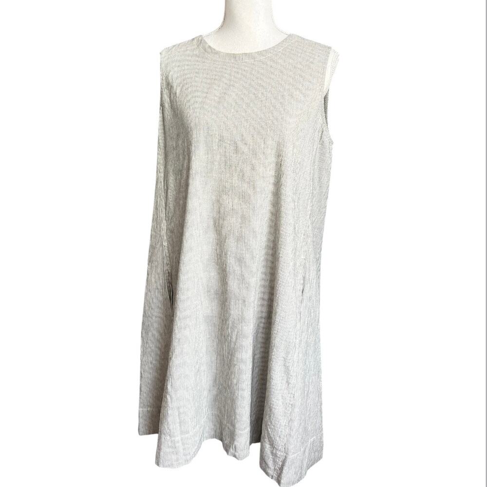 Eileen Fisher Light Gray Sleeveless Swing Mini Dress striped casual cotton linen